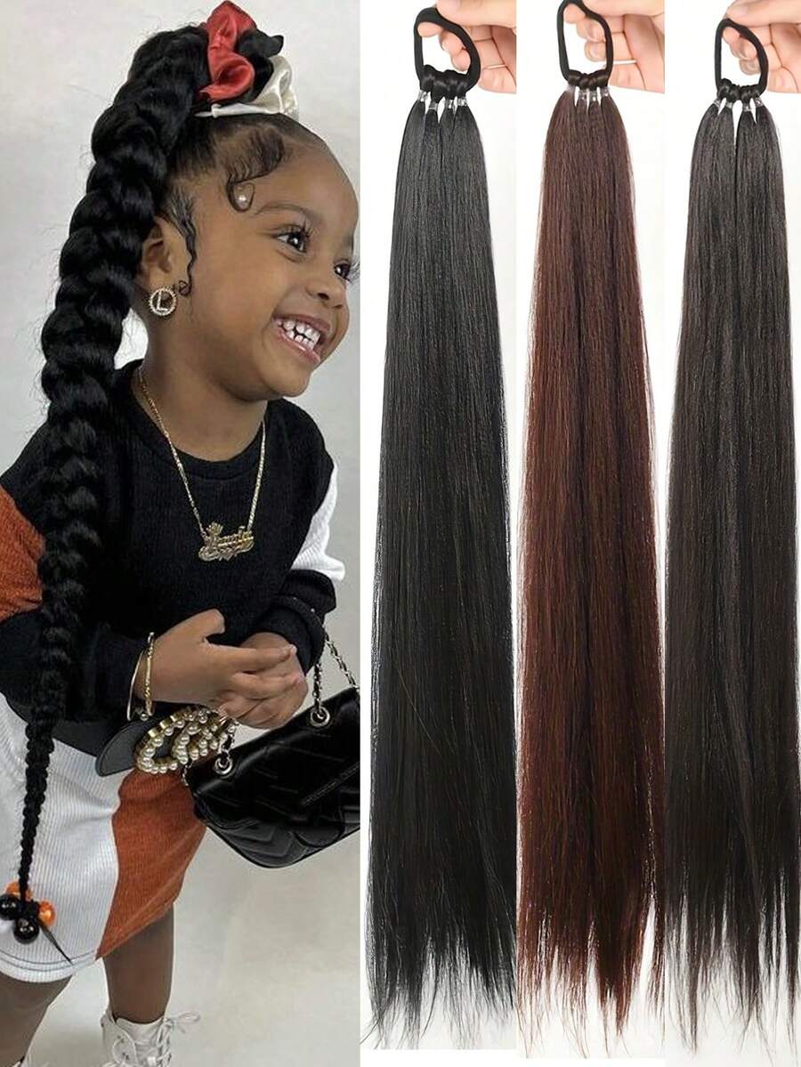 Synthetic Kids Braid Ponytail Extension With Elastic Tie YK Straight Hair Wrap Around Braid Ponytail Girls 1PC