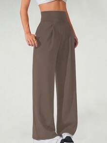 Women's High Waist Sports Pants - Loose Wide Leg Yoga Pants With Pockets, Fashionable Solid Color Casual Sports Wide Legs Pants, Wide Leg High Waist Casual Pants, Spring And Autumn Daily Casual - Cà phê nâu - Xem 6