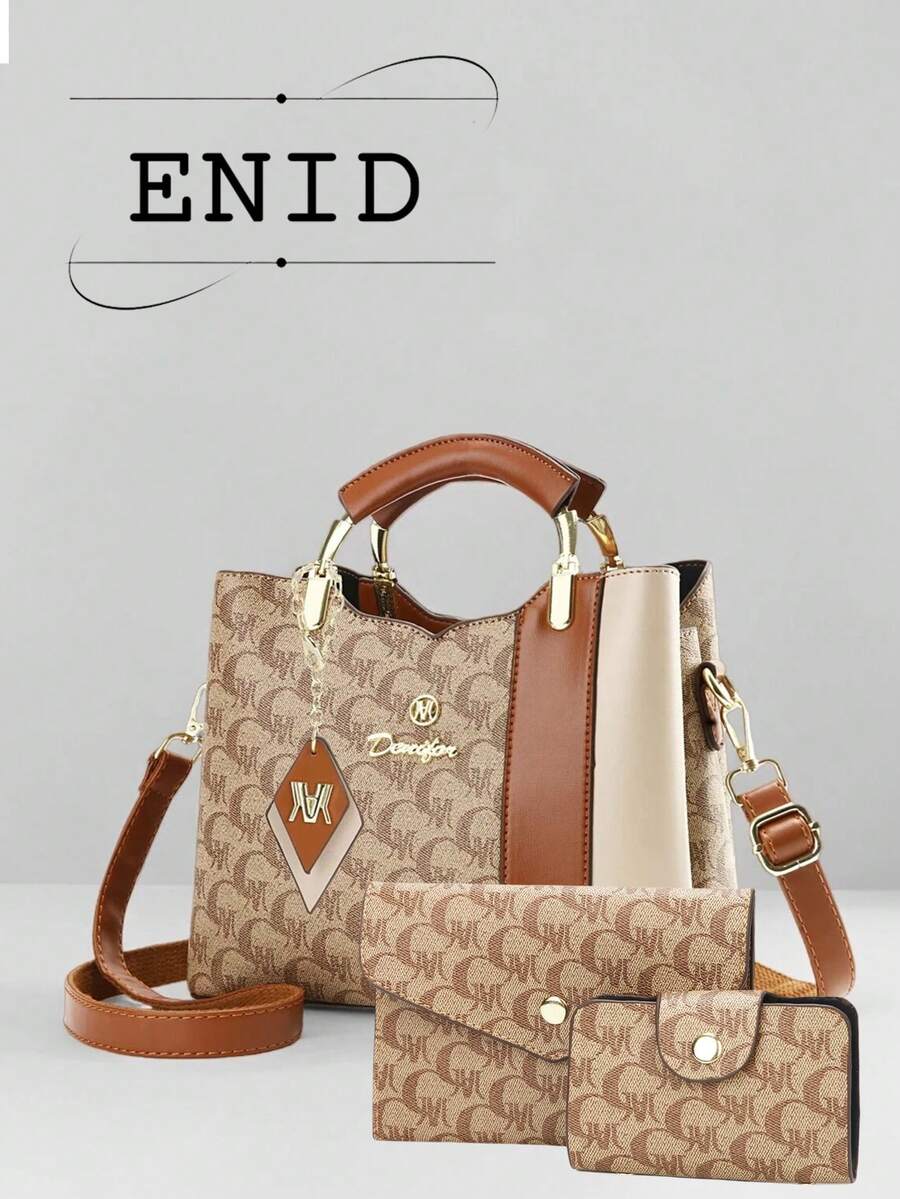 复古印花小方包，时尚百搭优雅女士手提包三件套，单肩包和斜挎包 - 玫瑰金 - 查看 1