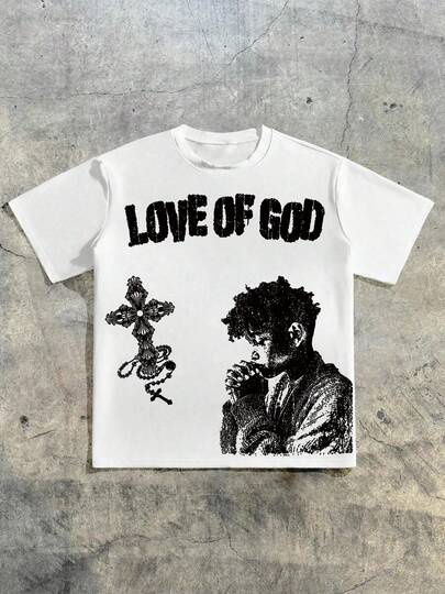 1pc Men's White "Love Of God" Religious Print T-Shirt, Gorgeous Cross & Portrait Graphic, Loose Fit, Suitable For Casual Daily & Urban Street Wear