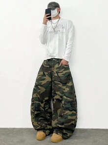 1 buah Celana Jeans Patchwork Longgar Multi-Saku Motif Kamuflase Gaya Jepang, Celana Kaki Lebar Kasual untuk Aktivitas Luar Ruangan, Sepanjang Musim - Hijau Tentara - View 3