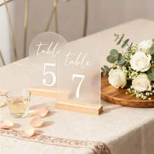 Placa de número de mesa de acrílico esmerilado con base de madera, decoración minimalista, adecuada para recepción de bodas, despedida de soltera, decoración de número de mesa, decoración de bodas, decoración del Día de San Valentín - Multicolor - Ver 6
