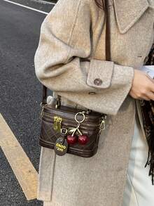 1 Set Retro Brown Box-Shaped Handbag With Quilted Embroidery Strap Shoulder Bag, Comes With Cherry Pendant - Coffee - View 4