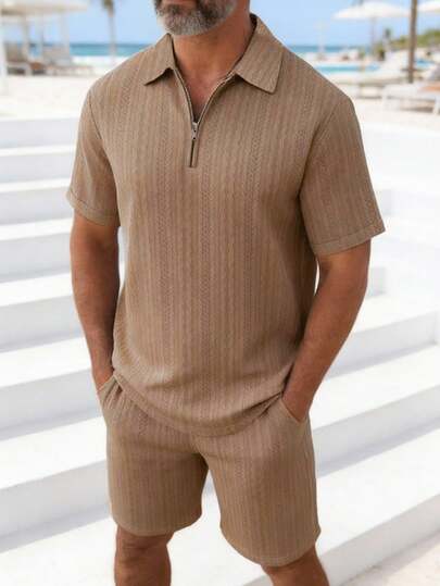 男士休闲针织面料柔软舒适纯色上衣和短裤两件套，优雅简约风格
