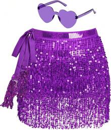 Sequin Belly Dance Scarf Tassel Wrap Sparkly Fringe Skirt With Pair Heart Party Rave Costume Women - 紫色 - 查看 1