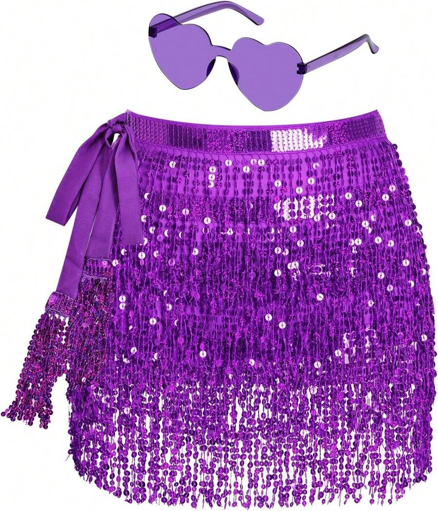 Sequin Belly Dance Scarf Tassel Wrap Sparkly Fringe Skirt With Pair Heart Party Rave Costume Women - 紫色 - 查看 1