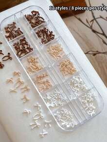 A Box Of 12-Compartment Bow Nail Art Accessories, Autumn And Winter Maillard 3D Bow Mixed Resin Nail Art Accessories, Mini Bow Nail Art Decorations, Brown/Beige/White 3D Resin Bow Nail Art Accessories, Self-Adhesive Nail Art Decoration Accessories Suitable For Nail Art - Multicolor - View 3