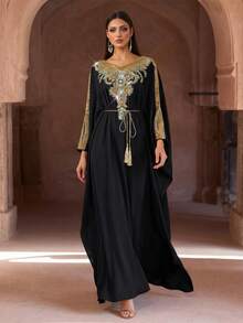 Luxury Pink Embellished Long Sleeve Kaftan Robe, Elegant Middle Eastern Style, Arabic Women's Abaya Robe, Modest And Graceful - Black - View 8