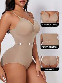 Women's Deep V-Neck Bodysuit With Triangle Cups, Slimming And Lifting Effect, Excellent For Layering - Apricot - View 3