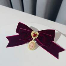 1pc French Court Retro Burgundy Velvet Heart Bow Brooch Autumn Winter Creative Light Luxury Bow Tie Women's Collar Accessories - 墨綠色 - 查看 9