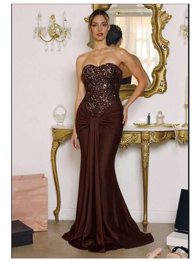 Sequin Patchwork Strapless Dress, Luxurious Fashion Slim Fit Flowing Maxi Dress, Sexy Open Back Formal Gown Suitable For Ladies Charming Evening Party