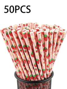 100/50/25pcs Strawberry Patterned Paper Straws, Disposable Drinking Straws, Suitable For Girls' Birthday Party, Baby Shower, Summer Berry Theme, 1st Birthday Party Supplies - Multicolor - View 14