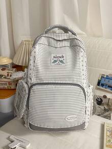 适合初高中学生的条纹星形女孩背包；通勤上学书包；户外休闲旅行包。 - 白色 - 查看 4