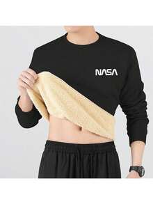 男士加厚抓绒字母印花圆领套头卫衣，长袖，常规版型，户外休闲，男士冬季服装，男士外套，优质面料，专为户外活动设计，男士必备外套，秋冬季