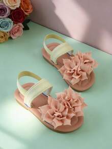 2026 Spring Summer Oxygen Sweetheart Limited Edition [Girls 3-12 Years Soft Sole First Walkers][Toddler Infant] Pink Green Color Block <3D Layered Floral> Design Light Green Elastic Strap Skin-Friendly Soft Lining Non-Slip Cushioned Flexible Sole Open Toe Elastic Heel Design Flat Fresh Sweet Oxygen Girl Style [Kids Flower Sandals][Girls Flat Fashion Shoes] For School Afternoon Tea Summer Outings Multi-Scene Wear - Apricot - View 8