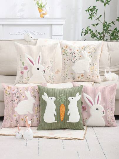 1/2 påskdekorativt örngott, kaninplysch manchester broderat, vårinredning för vardagsrum, soffa och sovrum, julklapp, grön