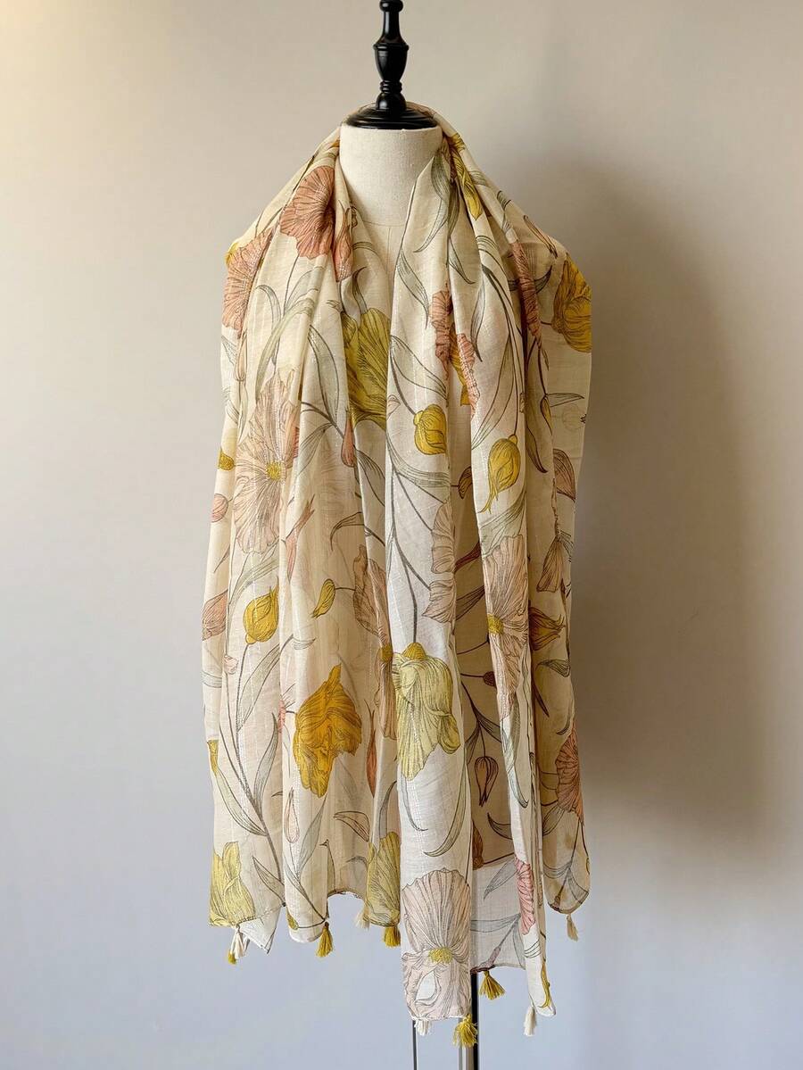 1pc Floral Print Elegant Polyester Scarf/Shawl, Can Be Used As Headscarf, Suitable For Spring, Autumn, Winter, Travel, Sun Protection - Beige - View 1