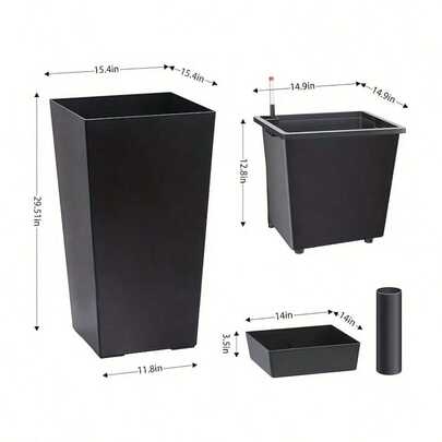 Set Of 2 Extra Tall 76.2cm Planters With Automatic Self-Watering System - Heavy-Duty Plastic Indoor/Outdoor Plant Pots With Drainage Holes, Water Level Monitor & Inner Bucket - Modern Black Rectangular Design For Large Houseplants, Patio, Balcony, Porch - Ideal For Ferns, Palm Trees, Flowering Shrubs - Easy Assembly Required