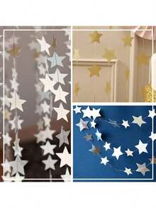 1 Set/2 Sets/4 Sets Of Sparkling Star Decorations For Birthday Parties, Blue, Silver, Gold, Rose Gold Flags, Can Be Used For Home Decoration, Outdoor Decoration, Stage Decoration, Star Pendants, Back To School Season, Valentine's Day, Ramadan, Ramadan Decoration, Eid Al Fitr And Other Occasions. - Silver - View 5