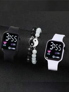 4pcs Heart-Shaped LED Digital Watch, Minimalist Square Unisex Sports Electronic Wristwatch