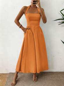 Women's Spring/Summer Sleeveless Zipper Pleated Dress, Casual Elegant Style, Suitable For Beach, Vacation, Date, Music Festival, Valentine's Day, Birthday Party And Other Occasions - Orange - View 7