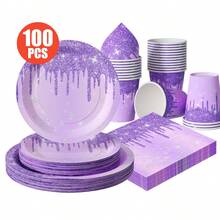 Purple Diamond Teardrop Disposable Plates, Napkins, Cups - One-Time Party Supplies Set, Fits 25 Guests, Disposable Paper Plates Party Tableware Suitable For Birthday, Wedding, Theme Party, Family Picnic - Multicolor - View 1