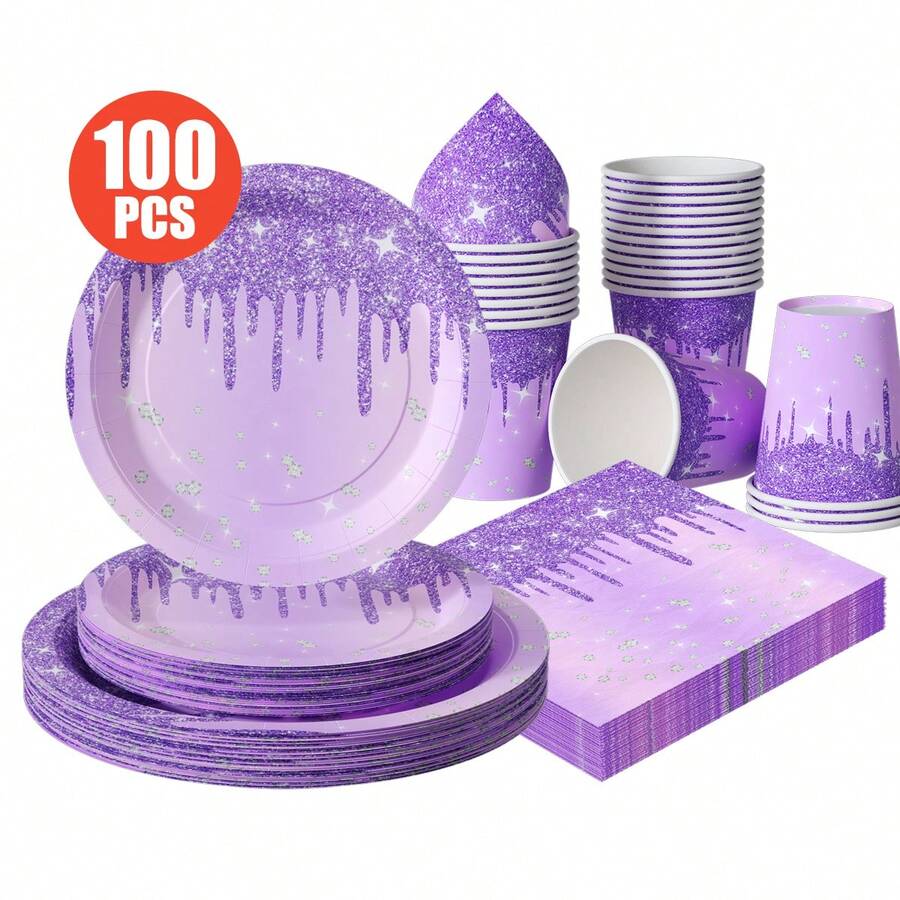 Purple Diamond Teardrop Disposable Plates, Napkins, Cups - One-Time Party Supplies Set, Fits 25 Guests, Disposable Paper Plates Party Tableware Suitable For Birthday, Wedding, Theme Party, Family Picnic - Multicolor - View 1