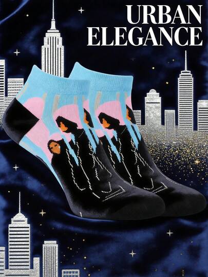 1 Pair Of Unisex Urban Style Boat Socks - Light Blue & Black Base With Stylized Figure Pattern, Modern City Theme Design, Fashionable Novelty Socks For Daily Casual Wear, Ideal Gift For Urban Fashion Lovers, Fashion Socks