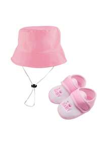 2Pcs Baby With Tether Windproof Bucket Hat & Silicone Anti-Slip Socks Set - 0-12 Months Unisex Windproof Sun Protection Black Pink Blue - Multicolor - View 6