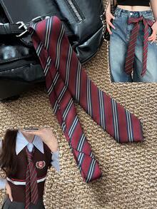 1pc Bright Red Handmade Necktie, Women's Fashion Headband, JK Uniform Tie, Striped Long Skinny Design, Suitable For Casual, Weekend Outing, Date, Campus, Street Photography And Other Occasions, Fashionable Multifunctional Accessory, Can Also Be Used As Sailor Uniform Accessory Or Christmas Decoration - Wine Red - View 3
