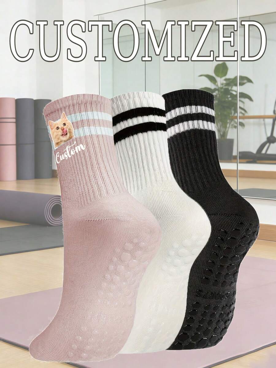 Custom Women's Striped Yoga & Sports Socks, Spring/Summer Silicone Non-Slip Fitness Indoor Sports Mid-Calf Socks, Autumn - Multicolor - View 1