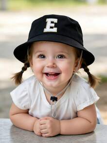 1顶婴儿/幼儿/儿童A-Z字母刺绣防晒渔夫帽，可调节男女通用户外休闲遮阳帽 - 黑色 - 查看 2