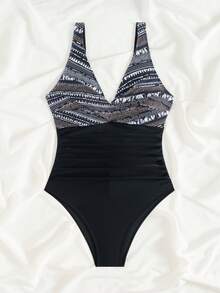 女士连体泳衣，性感印花V领交叉前襟泳装，夏季沙滩装 - 彩色 - 查看 3