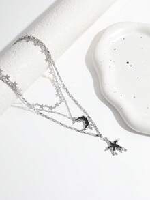3pcs Y2K Streetwear Chic Girl Sweet Drip Oil Star Moon Silver Star Sequin Chain Necklace Set