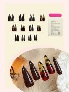 24片Y2K豹纹亚克力美甲贴片，花卉长方形/尖头按压式美甲套装，DIY棕色假指甲，配3D金链、珠子和花朵装饰，适合美甲沙龙、女孩、女士日常佩戴、节日和礼品美甲用品 - 彩色 - 查看 5