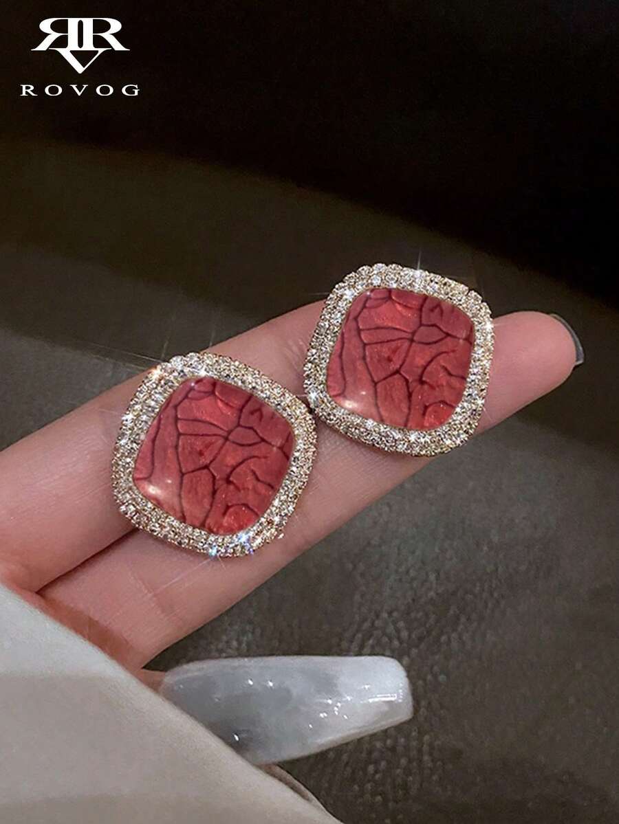 1 Đôi bông tai vuông độc đáo, sang trọng, cổ điển kiểu Pháp, họa tiết hình học nứt vỡ, khảm nhựa, thích hợp cho phụ nữ đi nghỉ mát, dự tiệc, phối đồ thời trang và cao cấp (Họa tiết nứt vỡ ngẫu nhiên) - Nhiều màu - Xem 1