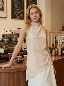 Women's Asymmetrical Halter Top Dressy Sleeveless Flowy Tank Tops Sleeveless Asymmetrical Halter Top High Neck Loose Fit Flowy Tank Top Backless Casual Dressy Blouse Shirts - 香檳色 - 查看 2