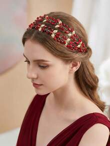 1件水钻双排发箍，闪亮合金叶片装饰水晶发箍，适合新娘、婚礼、派对、约会、休闲、情人节等场合，女士发饰 - 紅色 - 查看 2