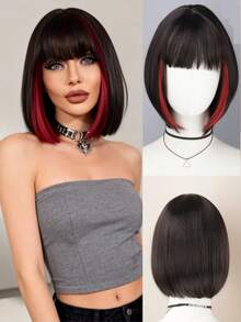 12-Inch Women's Bob Wig - Short Straight Hair With Highlighted Blonde, High Density Heat-Resistant Synthetic Hair, Black & White Highlights, Suitable For Party And Daily Wear - Multicolor - View 13