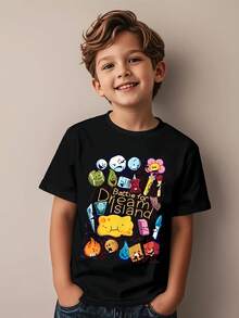 1 camiseta de manga corta con cuello redondo para niños, con estampado de equipo de BFDI - Battle Dream Island, para eventos de videojuegos, regalos de cumpleaños y salidas informales - Algodón suave de calidad para niños, estilo inspirado en diseñadores. - Negro - Ver 1