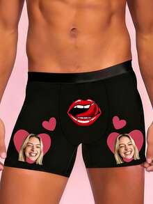 Men's Customized Face & Pink Heart Print Black Soft Stretchy Fabric Comfortable Fitted Romantic Boxer Briefs, Suitable For Valentine's Day/Anniversary Gift - Multicolor - View 2