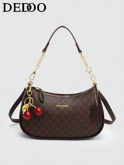 Dedoo 新款时尚经典百搭字母图案装饰纯色防水PU面料单肩包、月牙包、腋下包，适合购物，可斜挎。饰有樱桃吊坠，夏季月牙包，适合海滩度假、返校季，女士钱包。