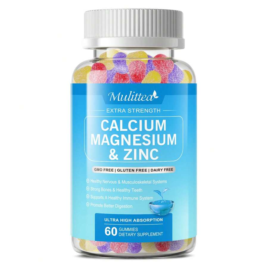 MULITTEA Calcium Magnesium Zinc Gummies | 60pcs | 300mg Ca, 51mg Mg, 7.5mg Zn + 75mcg Vit D3 | Bone Health, Nerve & Immune Support | For Women, Men & Teens | Non-GMO, Gluten/Nut-Free - One bottle (60 capsules) - 查看 1
