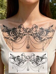 黑色大号胸部临时纹身贴纸，浪漫情人节玫瑰/野玫瑰/蝴蝶结/新月/流苏维多利亚复古风格性感临时纹身贴纸，适用于胸部、腹部和背部，DIY嘉年华/情人节/派对/节日礼物，防水逼真身体纹身贴纸，1包 - 黑色 - 查看 14