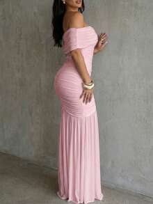 Foldover Off Shoulder Ruched Cinched Waist Minimalist Evening Dress Slim Fit Mermaid Hem Party Dress - 粉色 - 查看 6