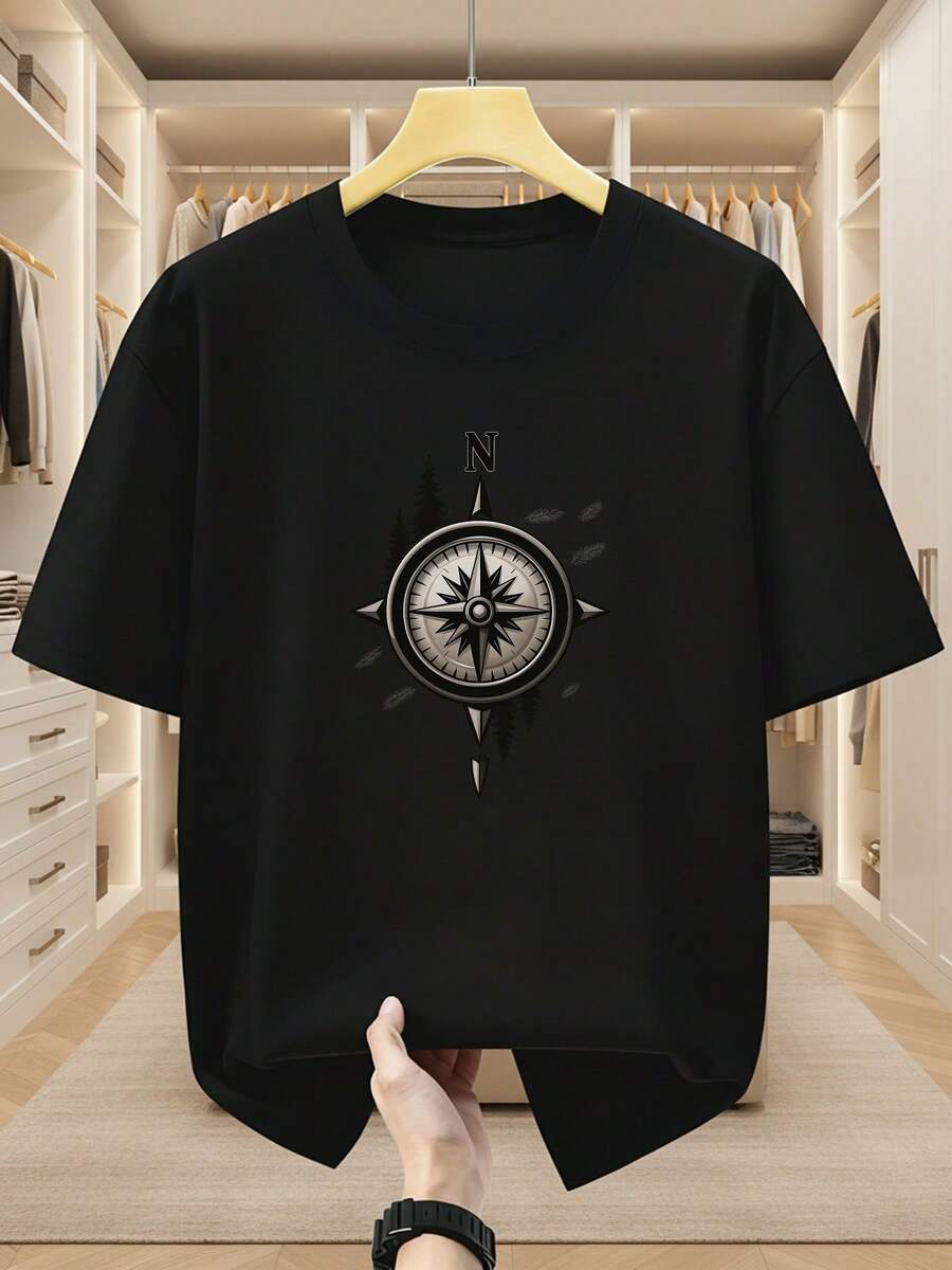 Plus Size Men's 100% Cotton Short Sleeve T-Shirt Men's Round Neck Short Sleeve T-Shirt Compass And Pine Tree Print Fashion Outdoor Style Comfortable Casual Short-Sleeved T-Shirt In Summer - 黑色 - 查看 1
