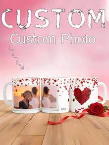Customized Rose Heart-Shaped Photo Mug Set, Valentine's Day Photo Mug, Photo Mug Heat Sublimation Design, Valentine's Day Photo Mug, Personalized Mug, Couple Mug, Valentine's Day, Newlyweds, New Year, Suitable For Gifting To Dad, Mom, Friends And Colleagues, New Year Gift, Wedding Gift, Gift, Romantic Design, Handmade Gift - Multicolor - View 4