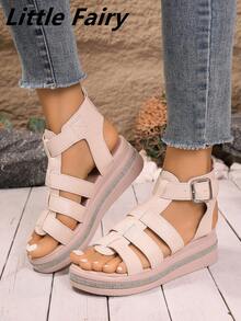 Sandálias Anabela com Decoração de Strass para Mulheres, Sapatos Abertos e Vazados com Zíper Traseiro na Moda, Sandálias de Verão Confortáveis para Uso Externo - Damasco - Visão 8