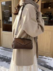 1pc Women's Fashionable Commuter Solid Color Shoulder Bag, Portable Versatile Flap Vintage Crossbody Bag, Suitable For Dates, Shopping, Gifts, Work - Coffee - View 8