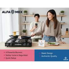 Estufa de Mesa 4 Quemadores ALFA Parrilla Gas Cocina Hogar Restaurante Acero Resistente Encendido Manual Cocción Rápida Diseño Compacto - Negro - Ver 2